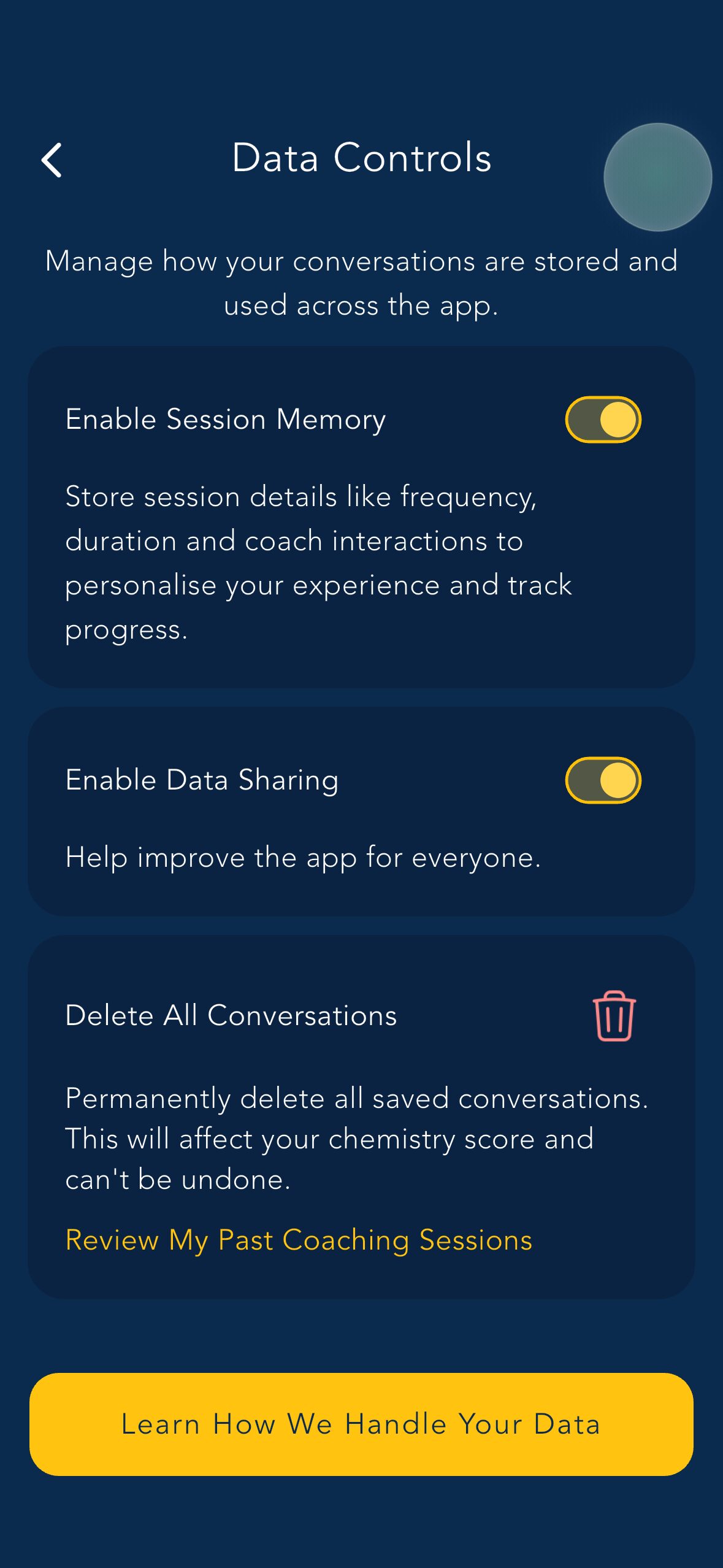 The Data Controls screen inside the My Business Coach app